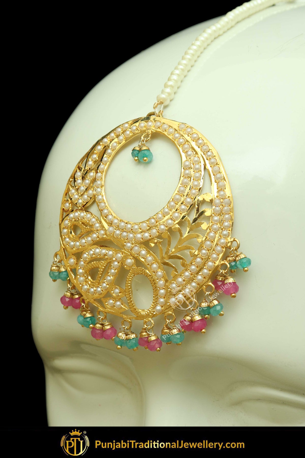 Gold Finished Pink & Firozi Jadau Pearl Earring Tikka Set | Punjabi Traditional Jewellery Exclusive