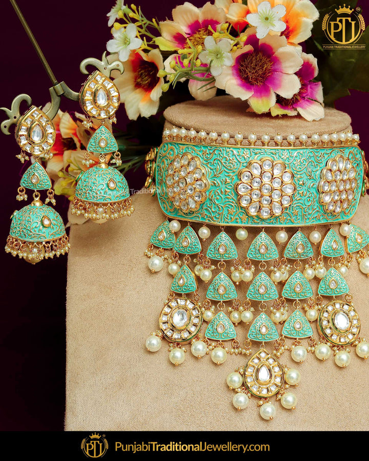 Hand Painted Meena Kundan Firozi Pearl Necklace Set | Punjabi Traditional Jewellery Exclusive