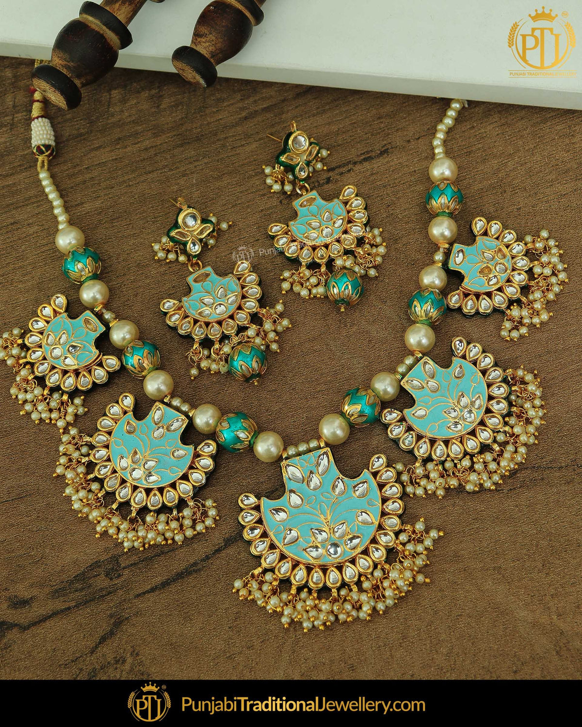 Hand Paited Meena Firozi Pearl Kundan Necklace Set | Punjabi Traditional Jewellery Exclusive