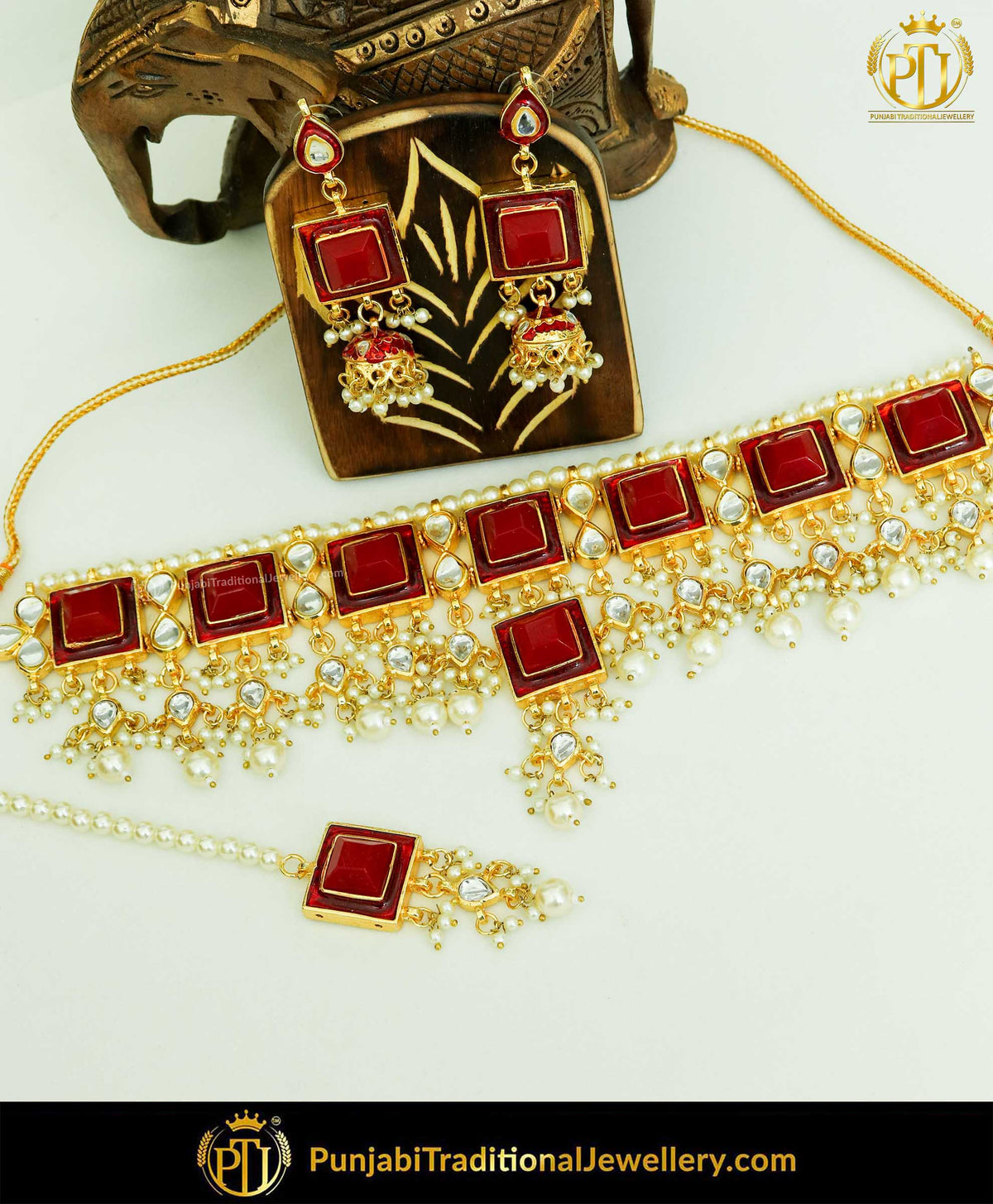 Red Hand-Painted Meena Kundan Pearl Choker Set | Punjabi Traditional Jewellery Exclusive