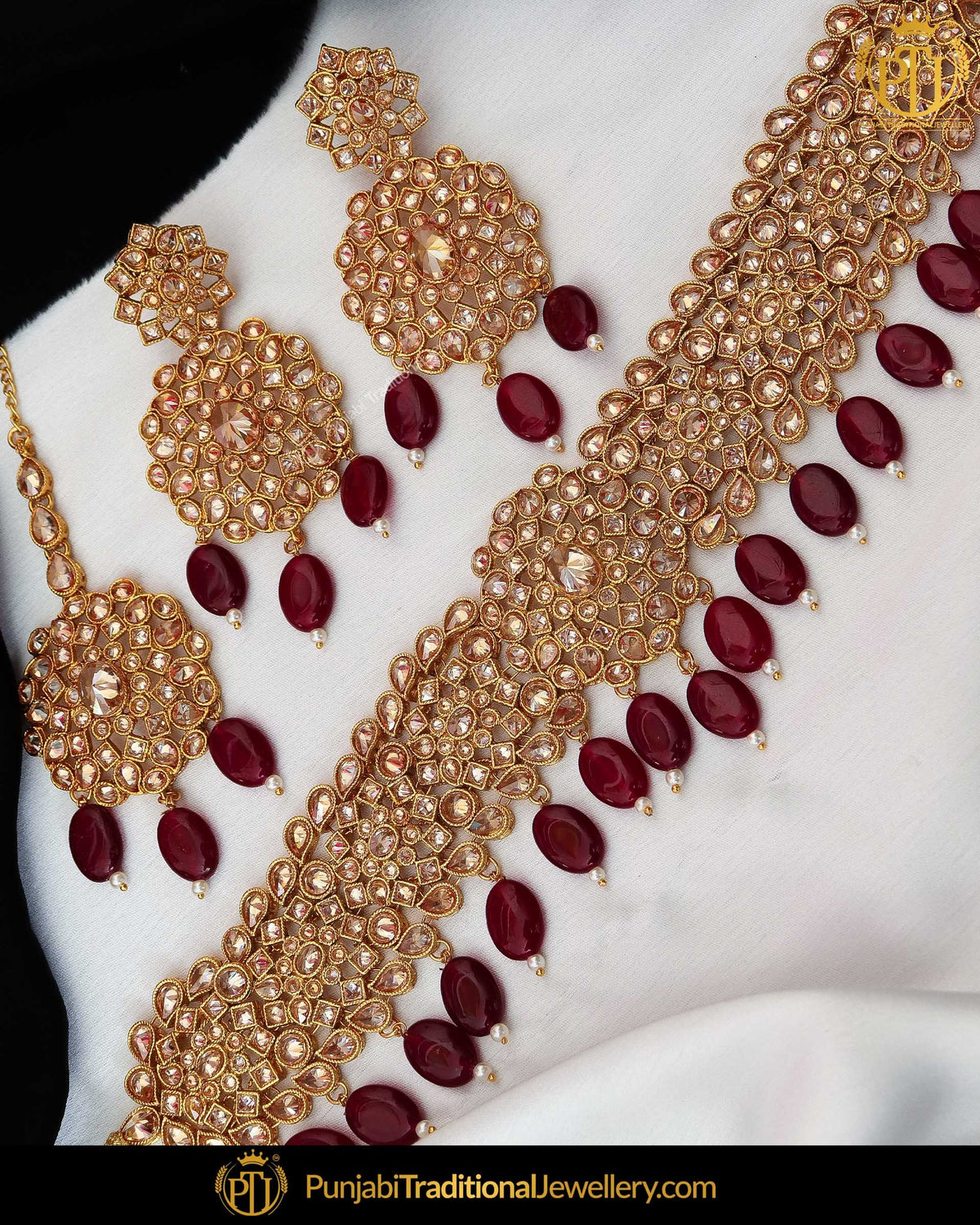 Gold Finished Rubby Champagne Stone Pearl Choker Necklace Set  | Punjabi Traditional Jewellery Exclusive