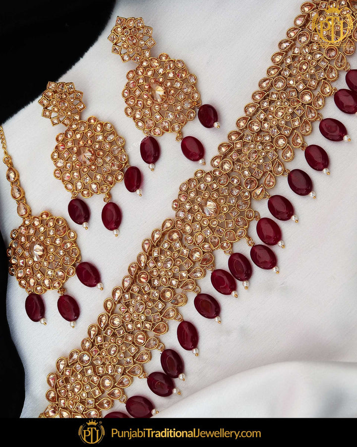 Gold Finished Rubby Champagne Stone Pearl Choker Necklace Set  | Punjabi Traditional Jewellery Exclusive