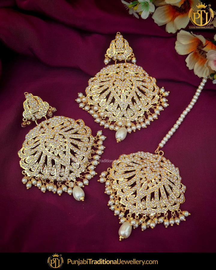 Gold Finished Pearl Jadau Earring Tikka Set | Punjabi Traditional Jewellery Exclusive