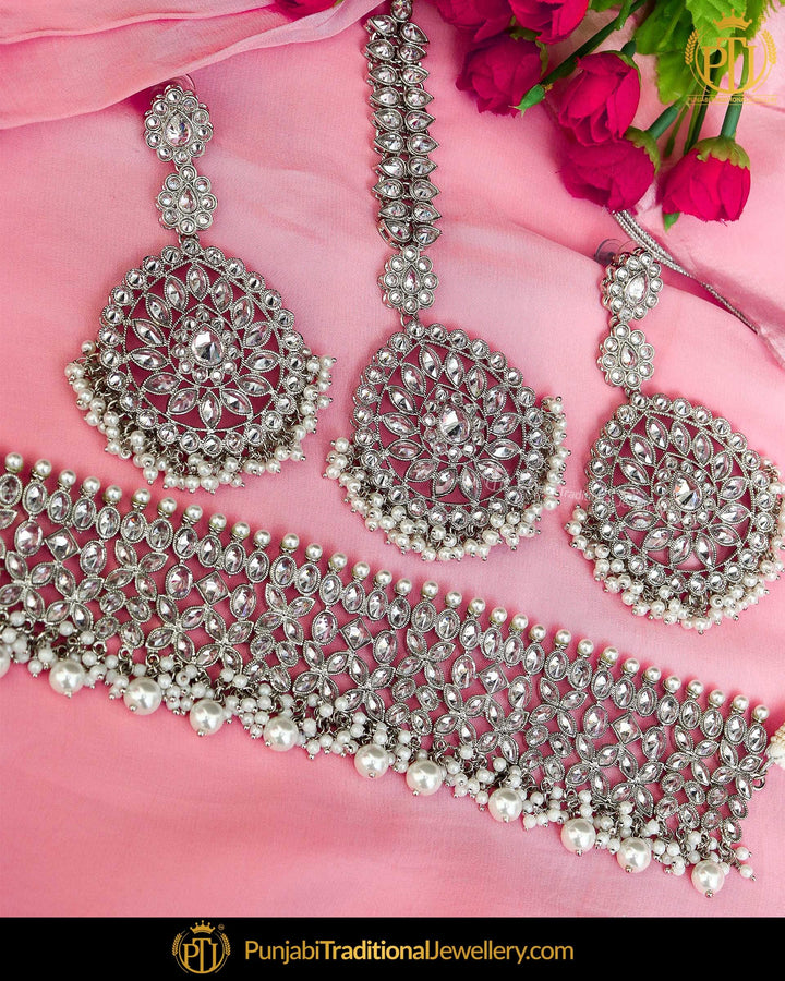 Silver Finished Polki Choker Pearl Necklace Set | Punjabi Traditional Jewellery Exclusive