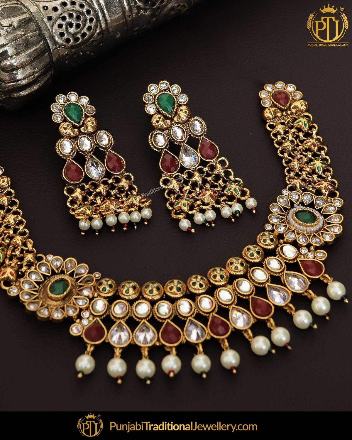 Antique Gold Finished Rubby Emerald Kundan Pearl Necklace Set  | Punjabi Traditional Jewellery Exclusive