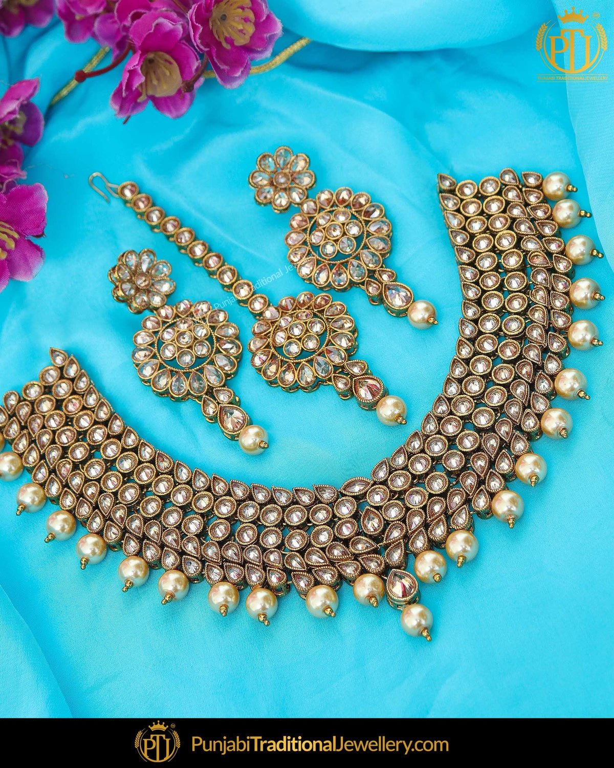 Gold Finished Chamapgne Stone Pearl Choker Necklace Set | Punjabi Traditional Jewellery Exclusive