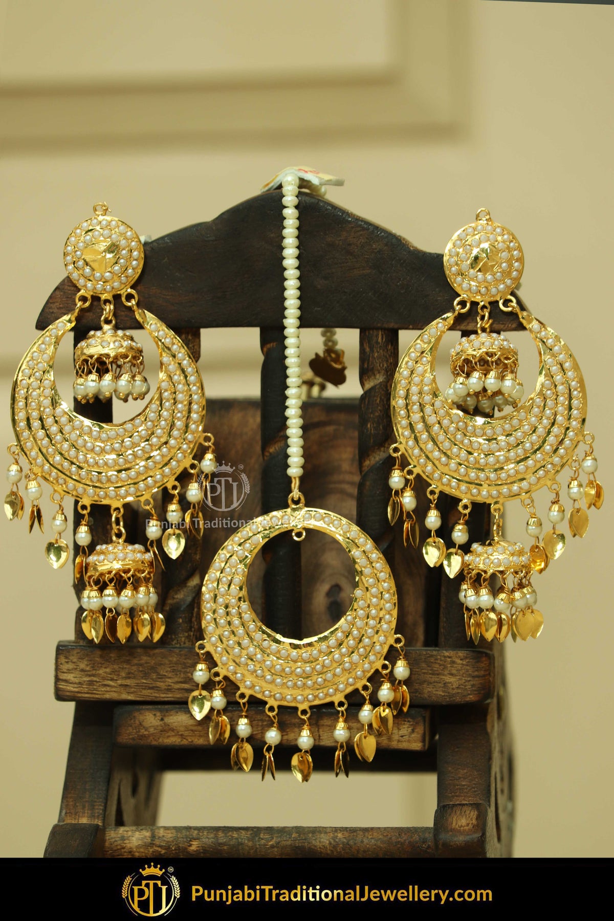 Gold Finished Jadau Pippal Patti Earring Tikka Set | Punjabi Traditional Jewellery Exclusive