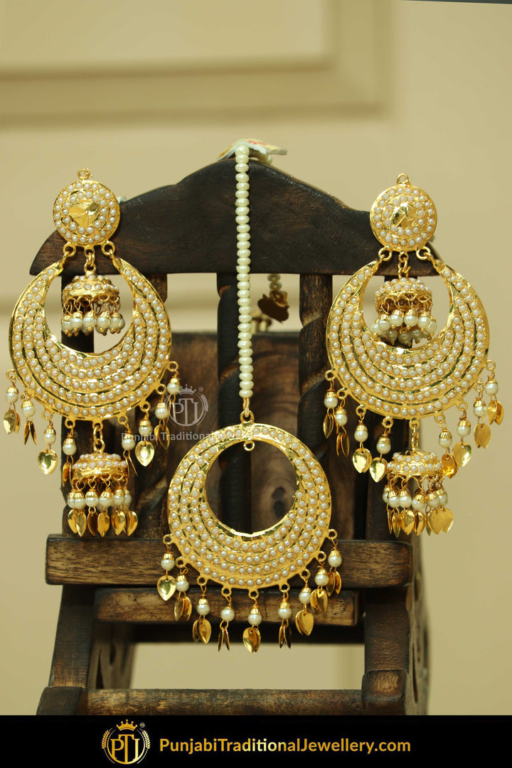 Gold Finished Jadau Pippal Patti Earring Tikka Set | Punjabi Traditional Jewellery Exclusive