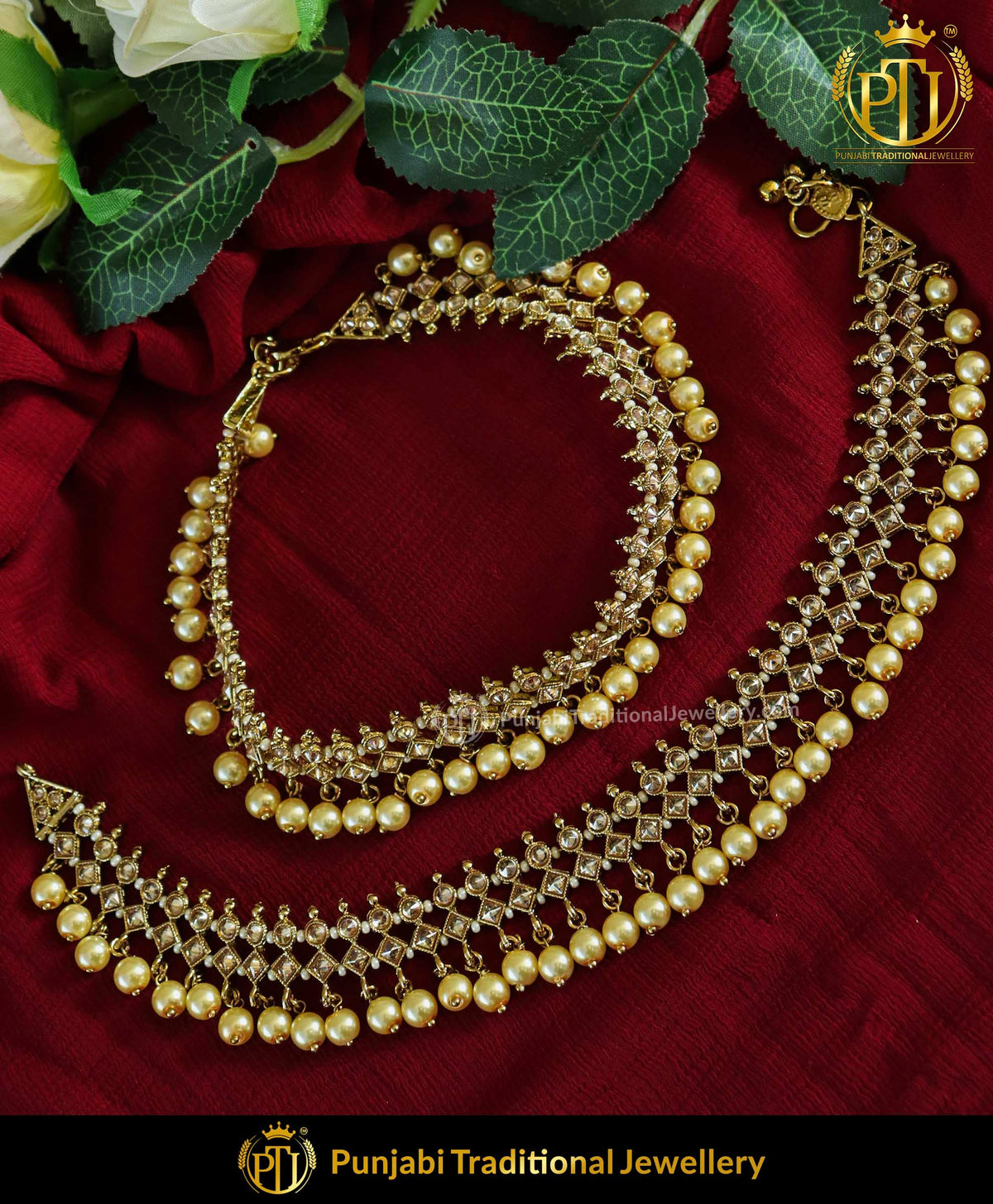 Gold Finished Champagne Stone Pearl Payal | Punjabi Traditional Jewellery Exclusive