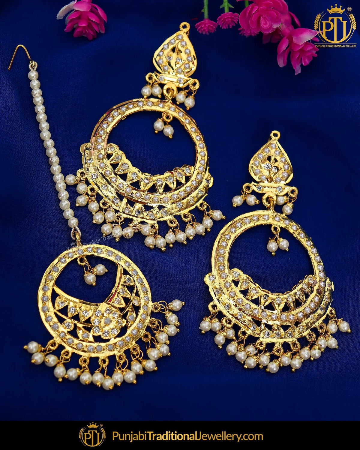 Gold Finished Pearl Jadau Earring Tikka Set | Punjabi Traditional Jewellery Exclusive