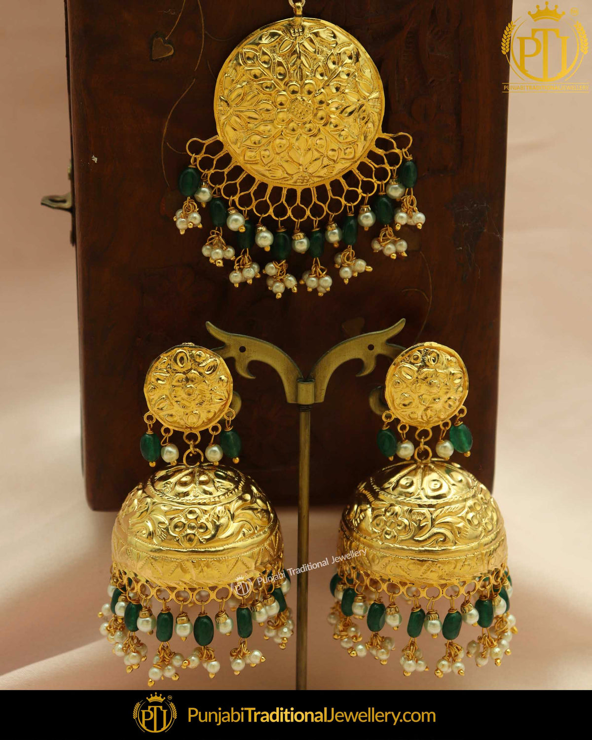 Gold Finished Patra Emerald Pearl Jhumki Earring Tikka Set | Punjabi Traditional Jewellery Exclusive