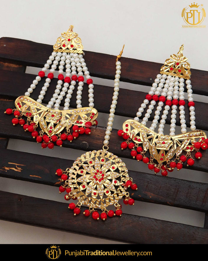 Gold Finished Red Jadau Pearl Earring Tikka Set | Punjabi Traditional Jewellery Exclusive