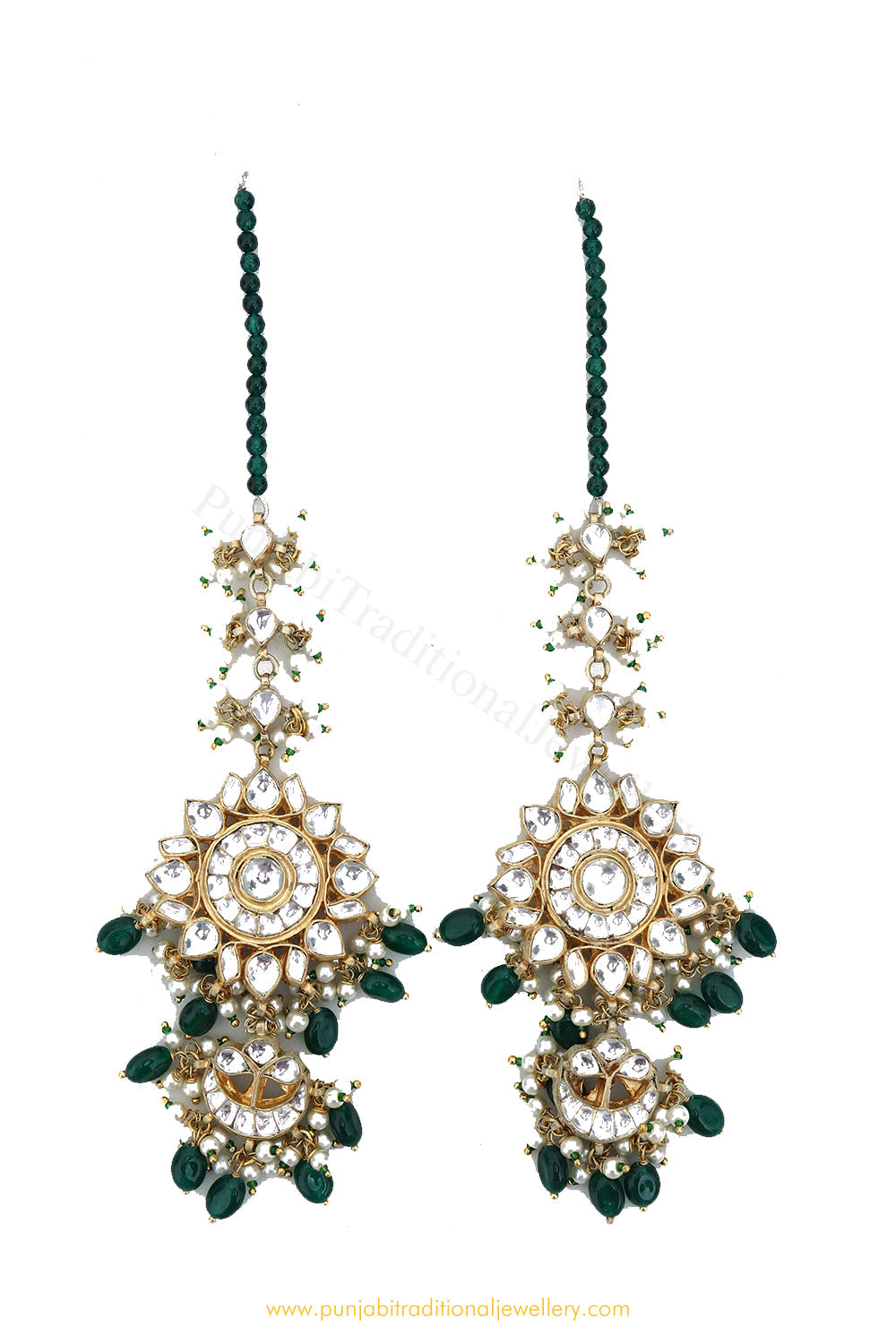 Gold Finished Kundan Emerald Earrings by PTJ