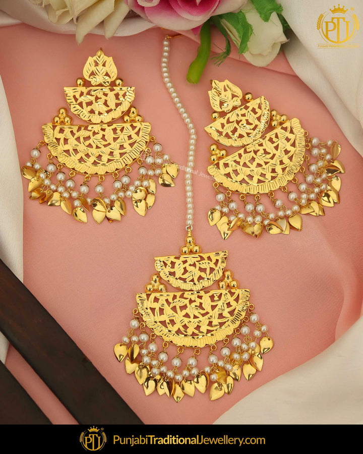 Gold Finished Pearl Pippal Patti Earring Tikka Set | Punjabi Traditional Jewellery Exclusive