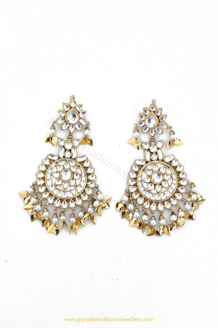 Gold Finished Kundan Pippal Patti Earrings by PTJ