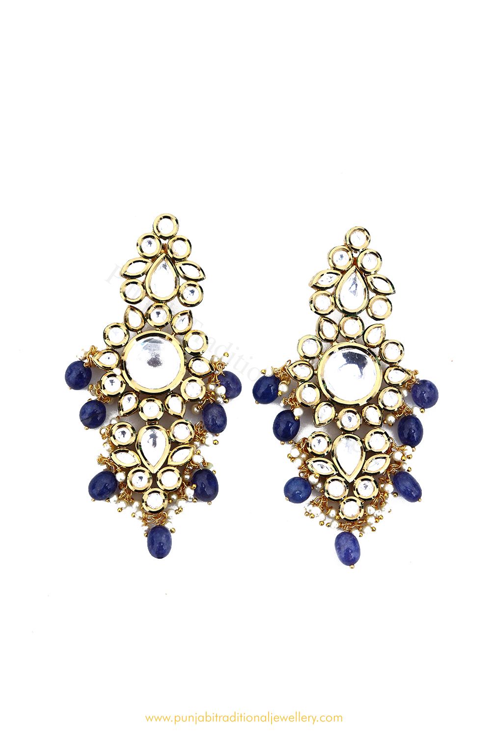 Gold Finished Blue Kundan Earrings By PTJ