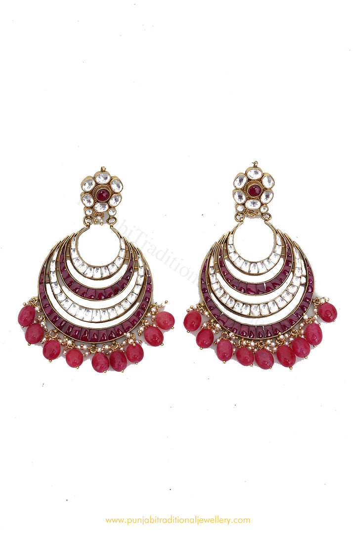 Gold Finished Kundan Rubby Earrings by PTJ