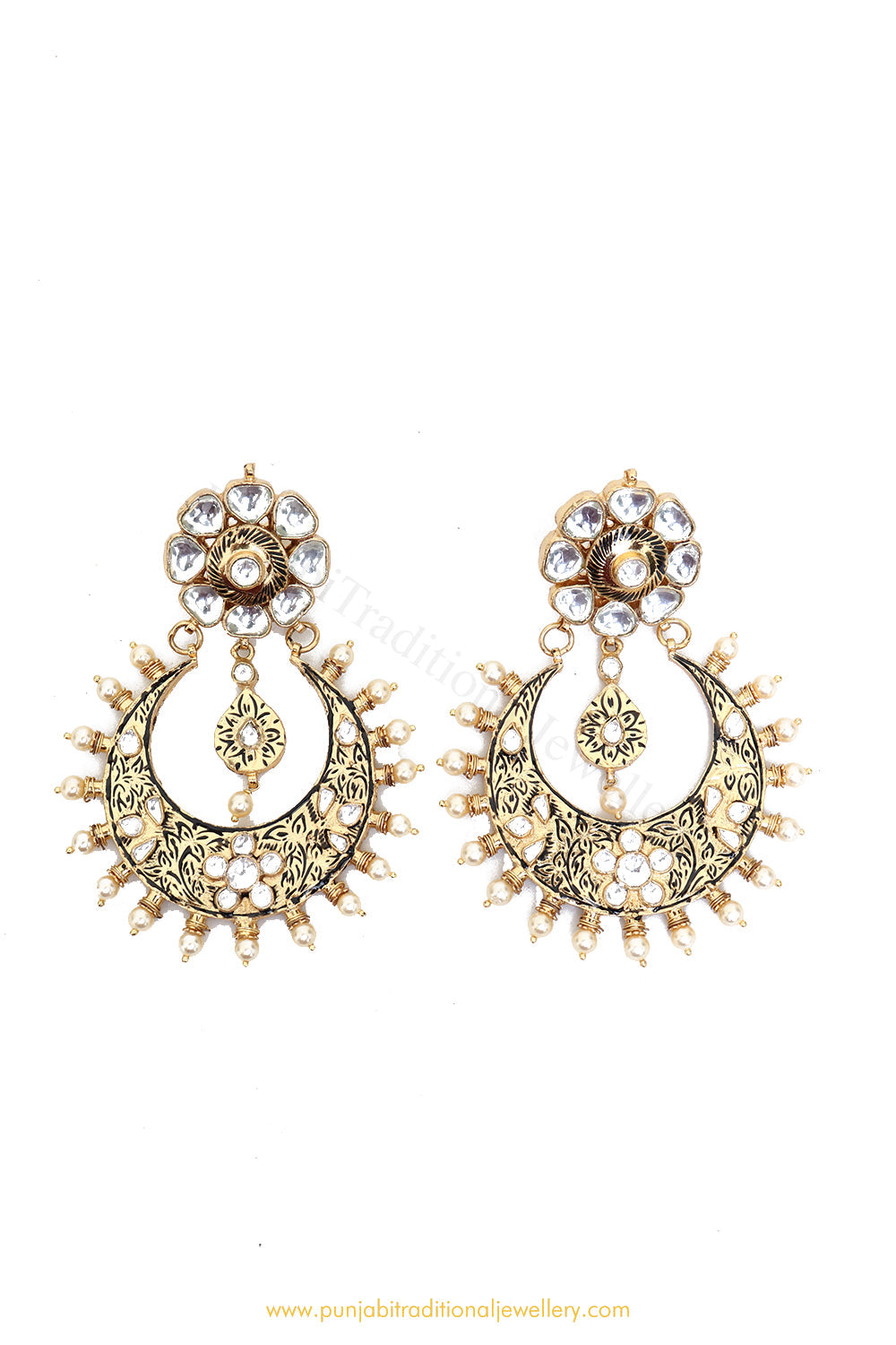 Antique Gold Finished Kundan Earrings by PTJ