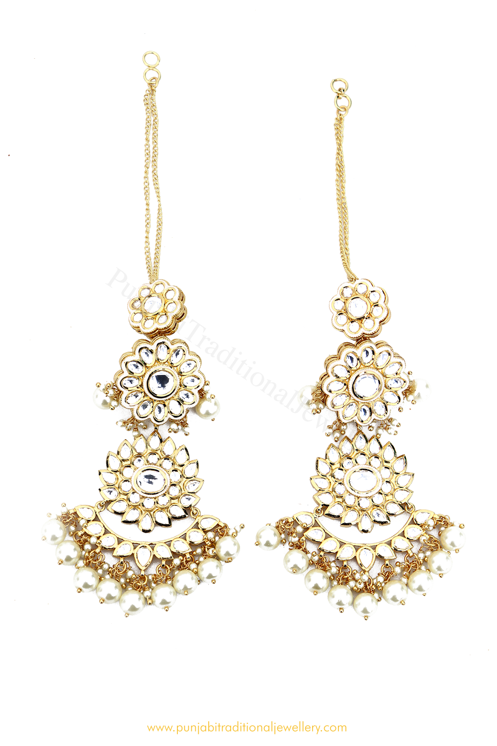 Gold Finished Pearl Kundan Earrings By PTJ