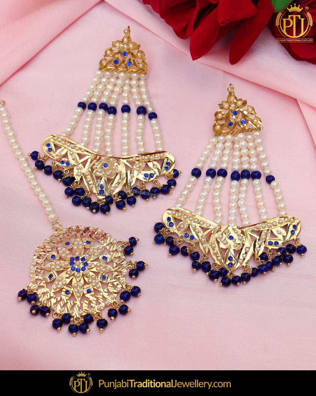 Gold Finished Blue Jadau Pearl Earring Tikka Set | Punjabi Traditional Jewellery Exclusive