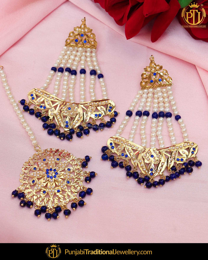Gold Finished Blue Jadau Pearl Earring Tikka Set | Punjabi Traditional Jewellery Exclusive
