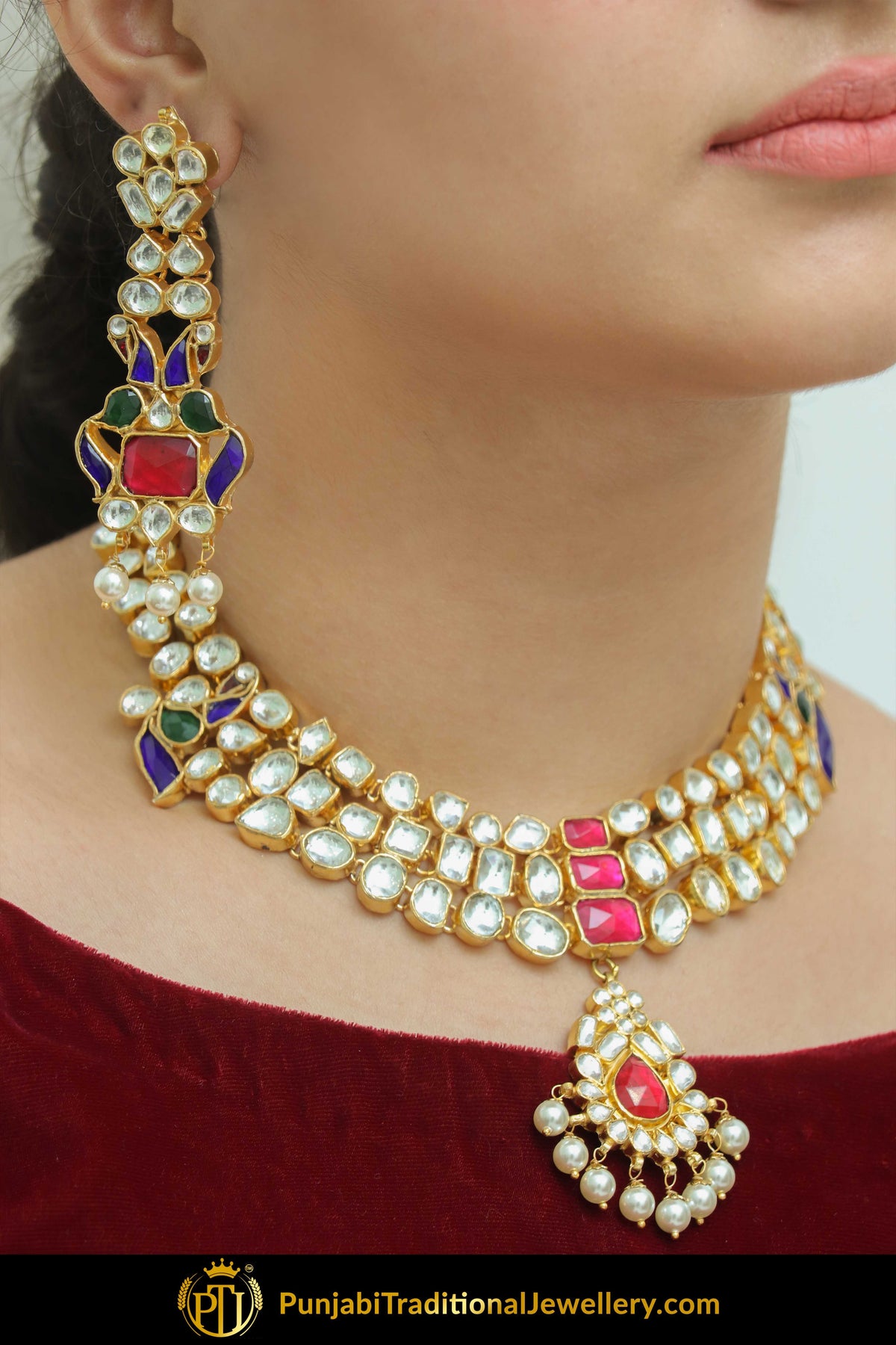 Fairuzah Navratan Kundan Pearl Necklace Set | Punjabi Traditional Jewellery Exclusive