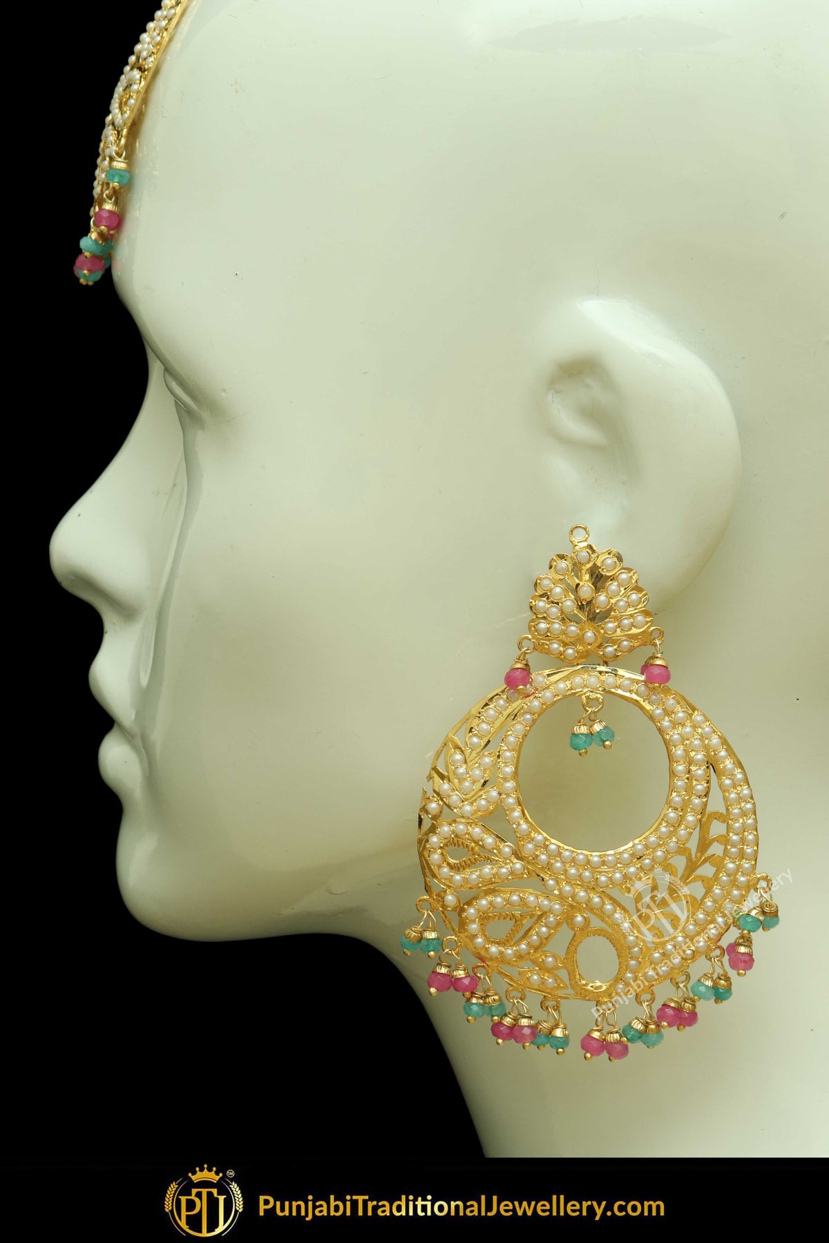 Gold Finished Pink & Firozi Jadau Pearl Earring Tikka Set | Punjabi Traditional Jewellery Exclusive