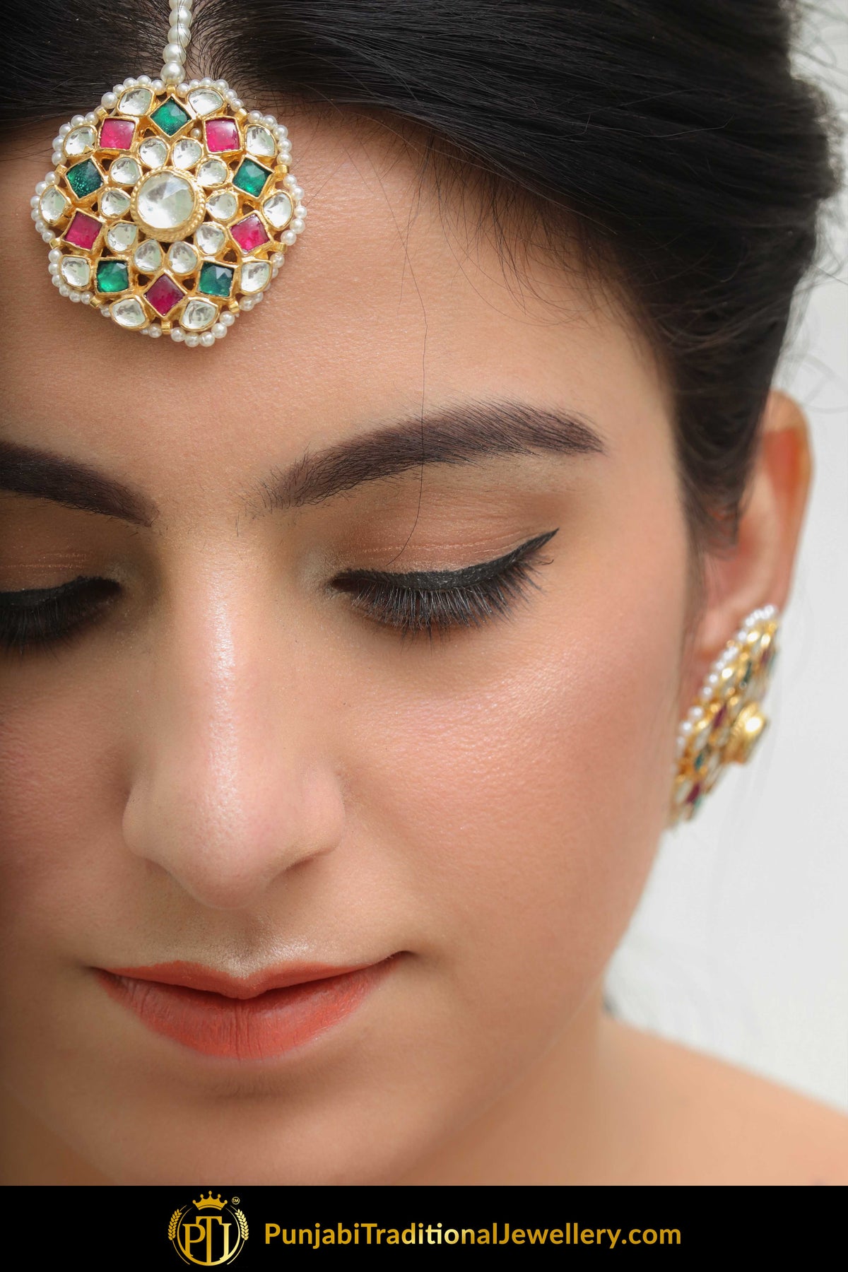Abida Gold Finished Navratan Kundan Stud Earrings & Tikka Set | Punjabi traditional Jewellery Exclusive