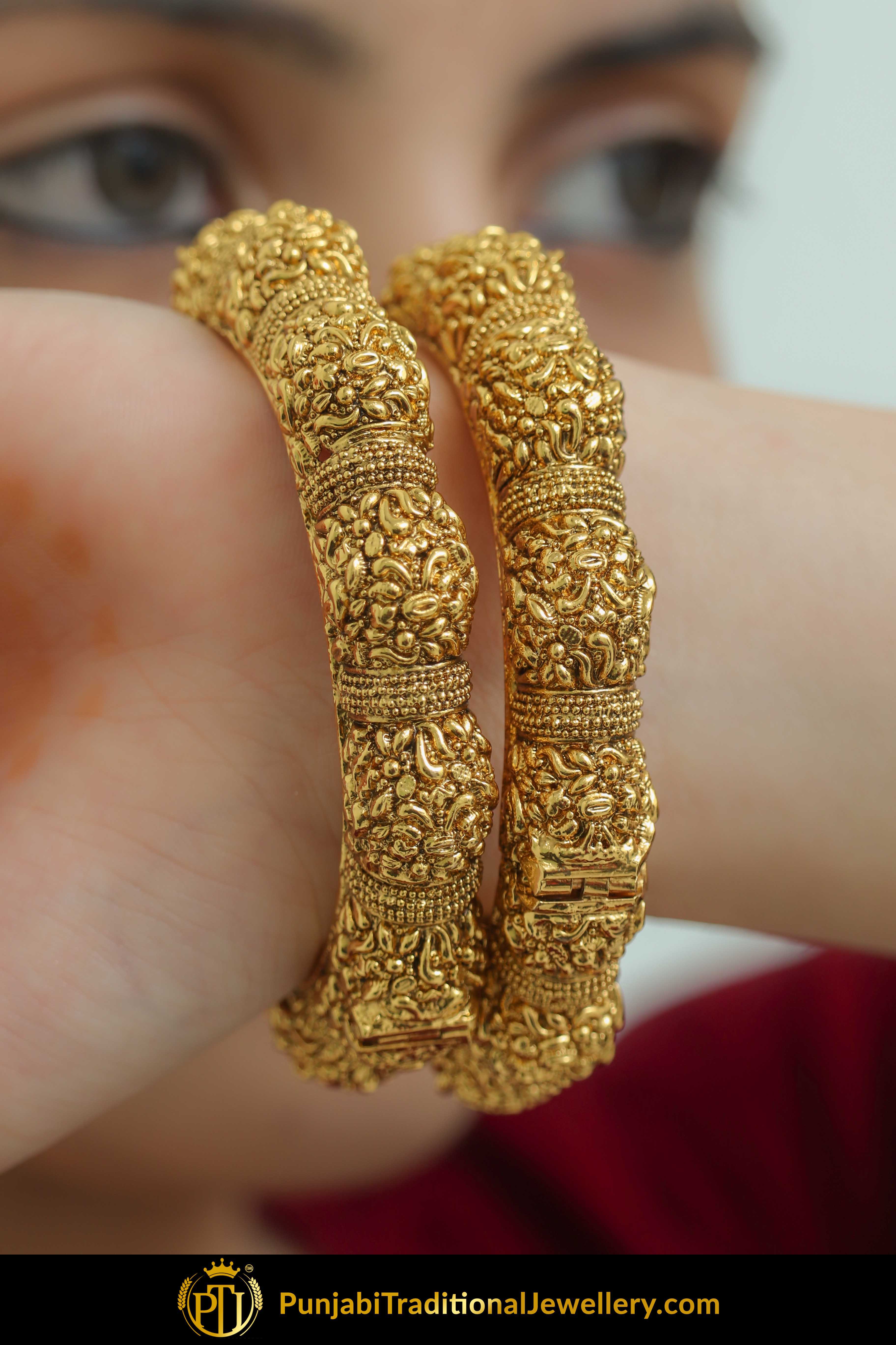 Farheen Antique Gold Finished Gokhdu Openable Karra Bangles (Pair)| Punjabi Traditional Jewellery Exclusive