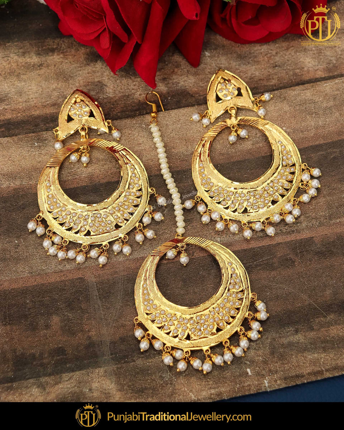 Gold Finished Pearl Jadau Earring Tikka Set | Punjabi Traditional Jewellery Exclusive