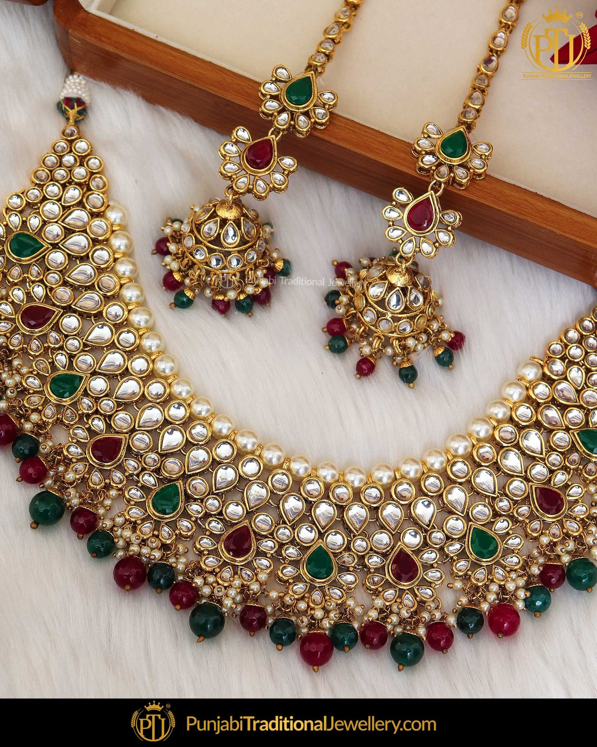 Gold Finished Navratan Kundan Pearl Choker Necklace & Sahare Earrings | Punjabi Traditional Jewellery Exclusive