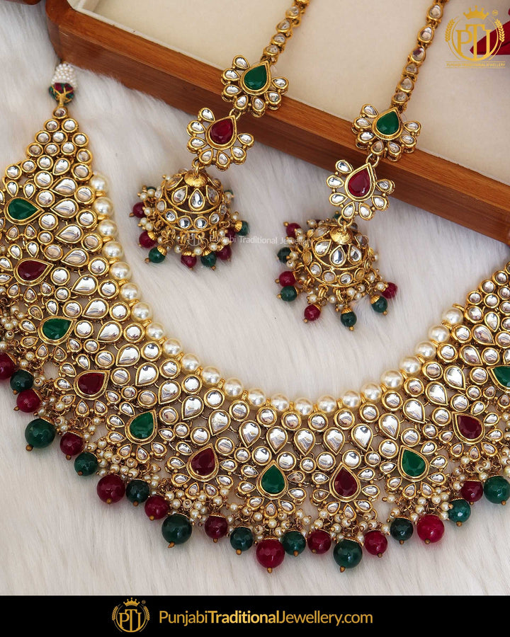 Gold Finished Navratan Kundan Pearl Choker Necklace & Sahare Earrings | Punjabi Traditional Jewellery Exclusive