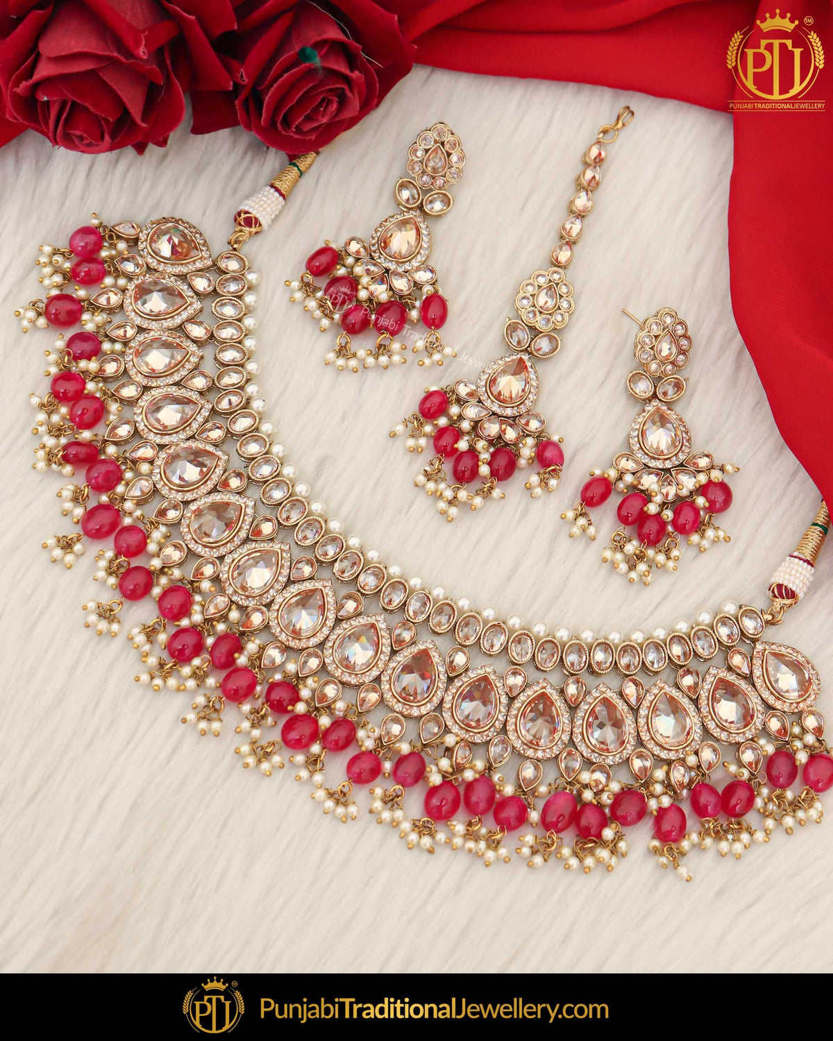 Gold Finished Champagne Stone Red Pearl Necklace Set | Punjabi Traditional Jewellery Exclusive