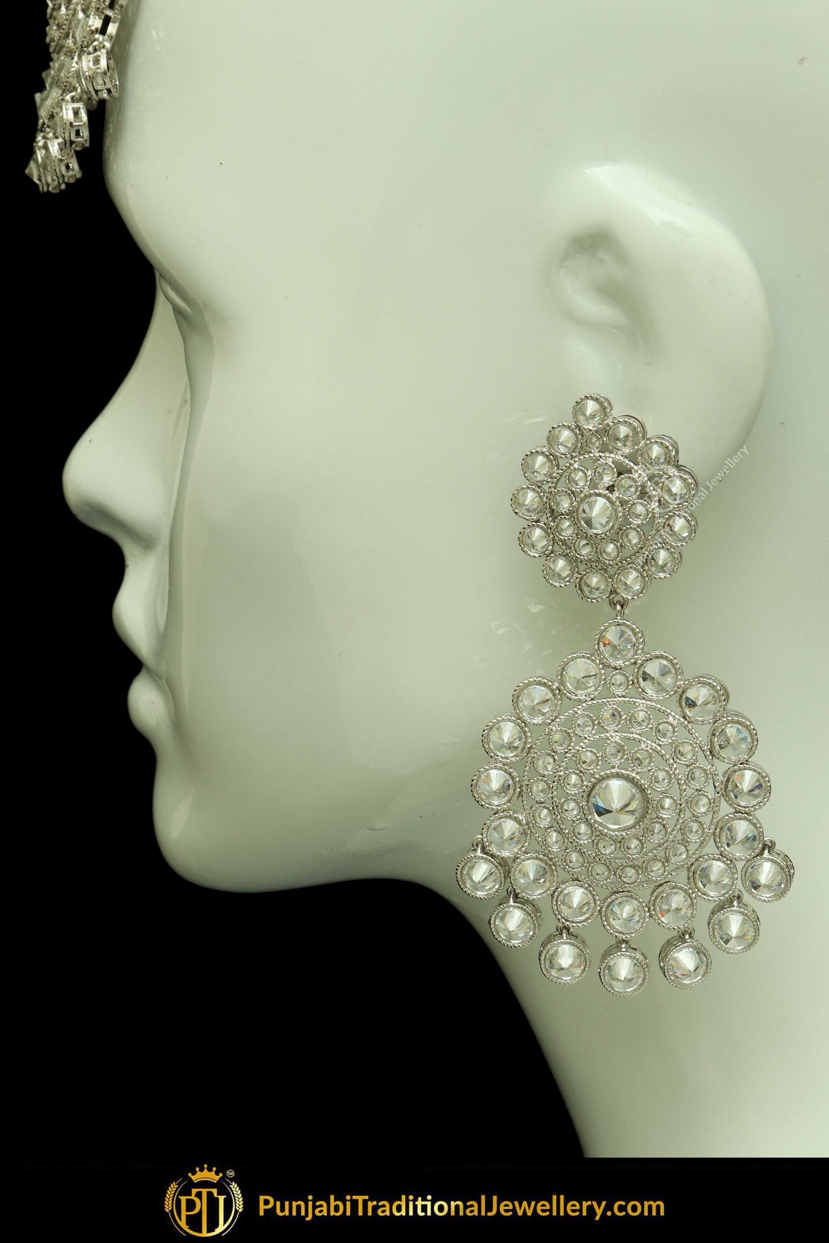 Silver Finished Polki Stone Earrings & Tikka Set By Punjabi Traditional Jewellery