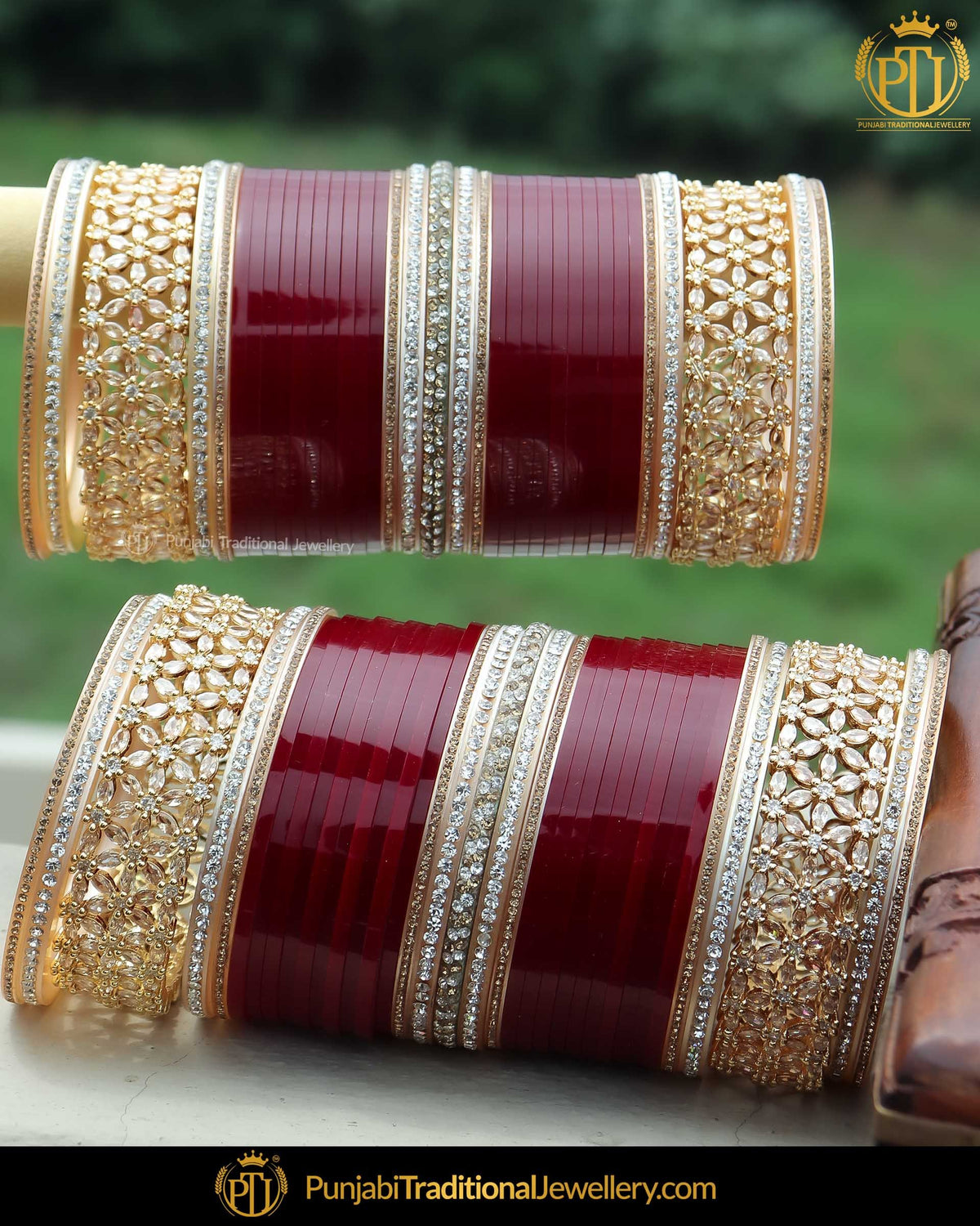 Antique Gold Finished AD Stone Maroon Bridal Chura | Punjabi Traditional Jewellery Exclusive