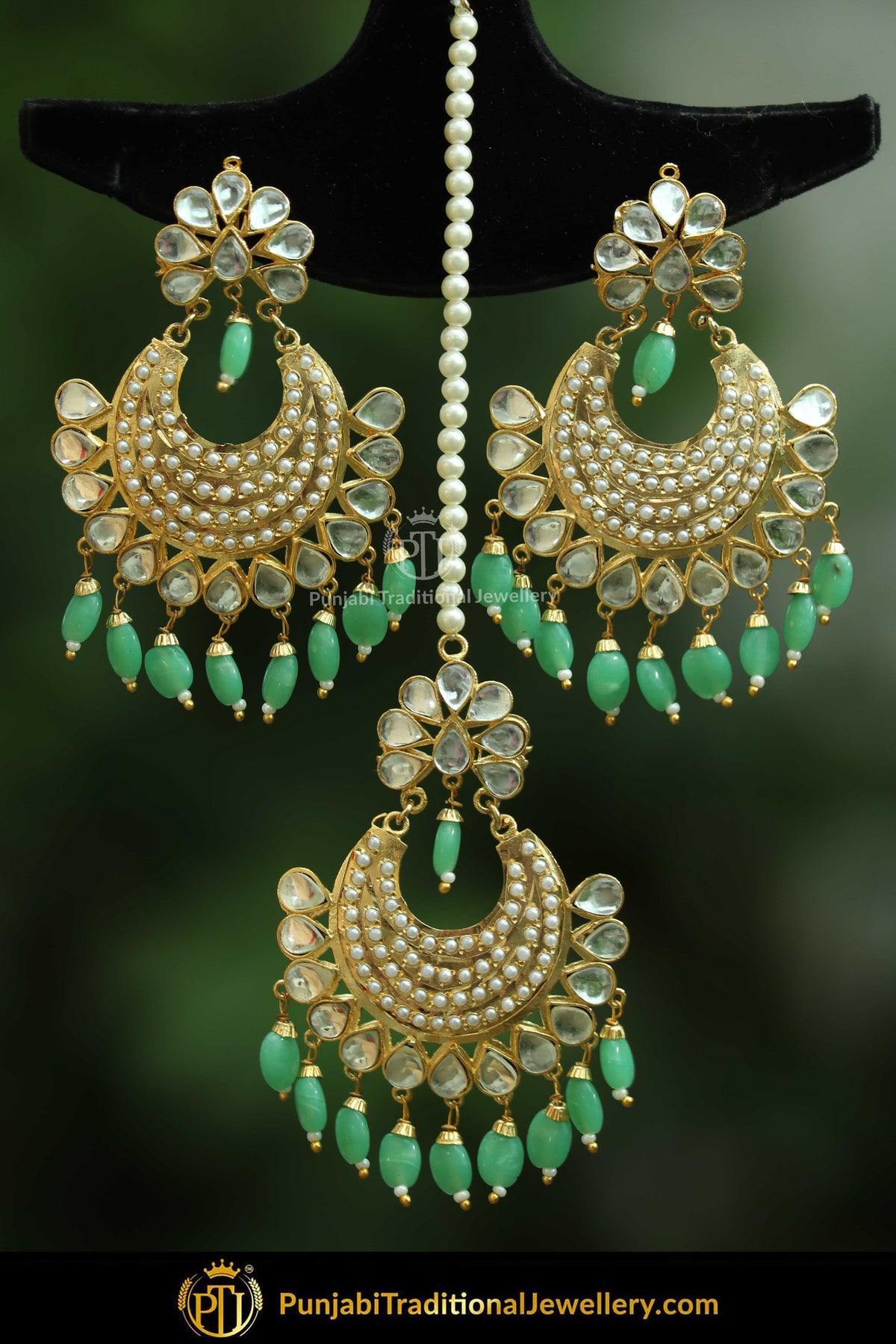 Gold Finished Emerald Jadau Pearl Earring Tikka Set | Punjabi Traditional Jewellery Exclusive