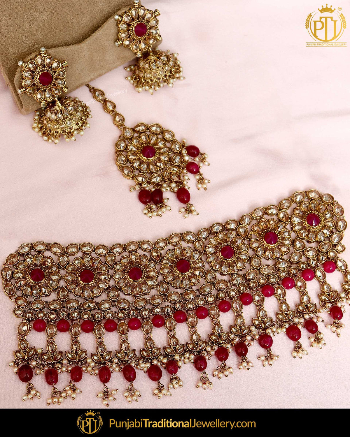 Gold Finished Pearl Polki Rubby Choker Necklace Set | Punjabi Traditional Jewellery Exclusive