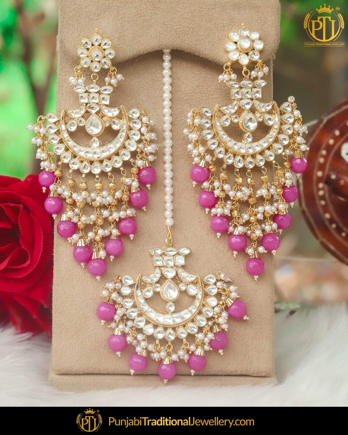 Gold Finished Kundan Pearl Pink Earring Tikka Set | Punjabi Traditional Jewellery Exclusive