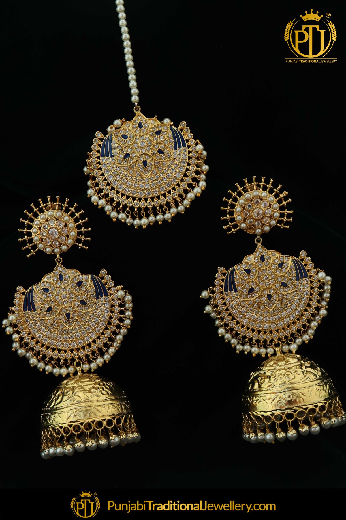Gold Finished Blue Jhumki Earring Tikka Set | Punjabi Traditional Jewellery Exclusive