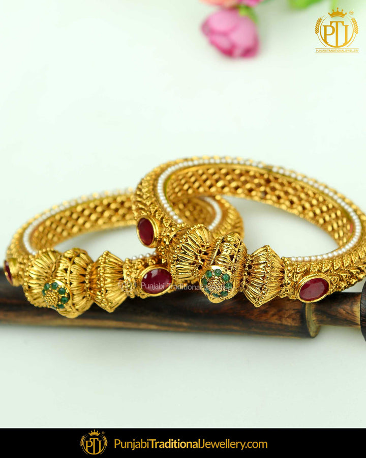 Gold Finished Rubby Johda bangles Openable Bangles (Pair) | Punjabi Traditional Jewellery Exclusive