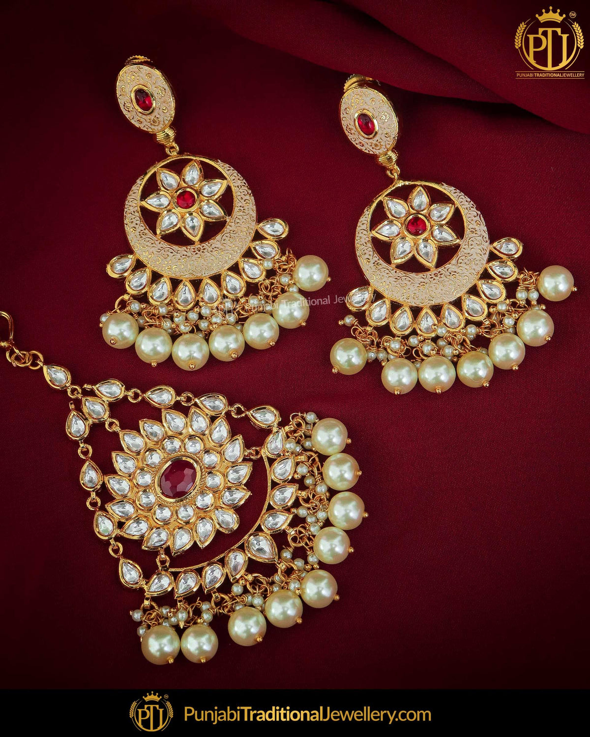 Hand Painted Meena Emerald Pearl Kundan Earrings & Tikka| Punjabi Traditional Jewellery Exclusive