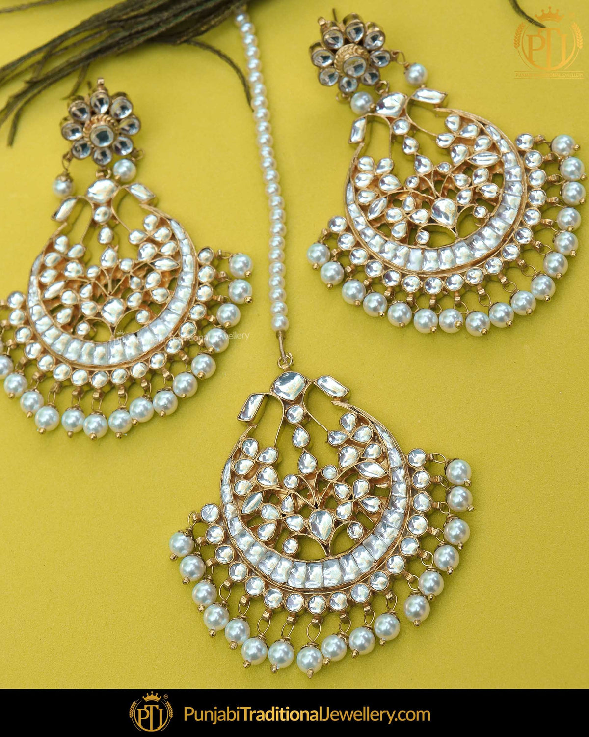 Gold Finished Pearl Kundan Earrings & Tikka Set | Punjabi Traditional Jewellery Exclusive
