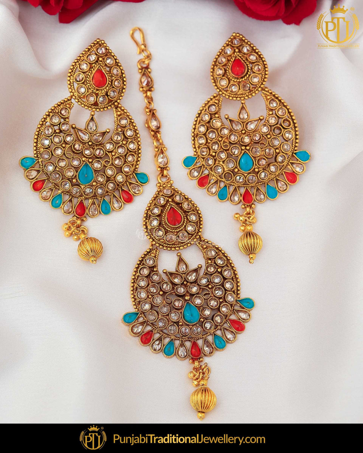 Antiuqe Gold Finished Polki Stone Firozi Rubby Earring Tikka Set | Punjabi Traditional Jewellery Exclusive