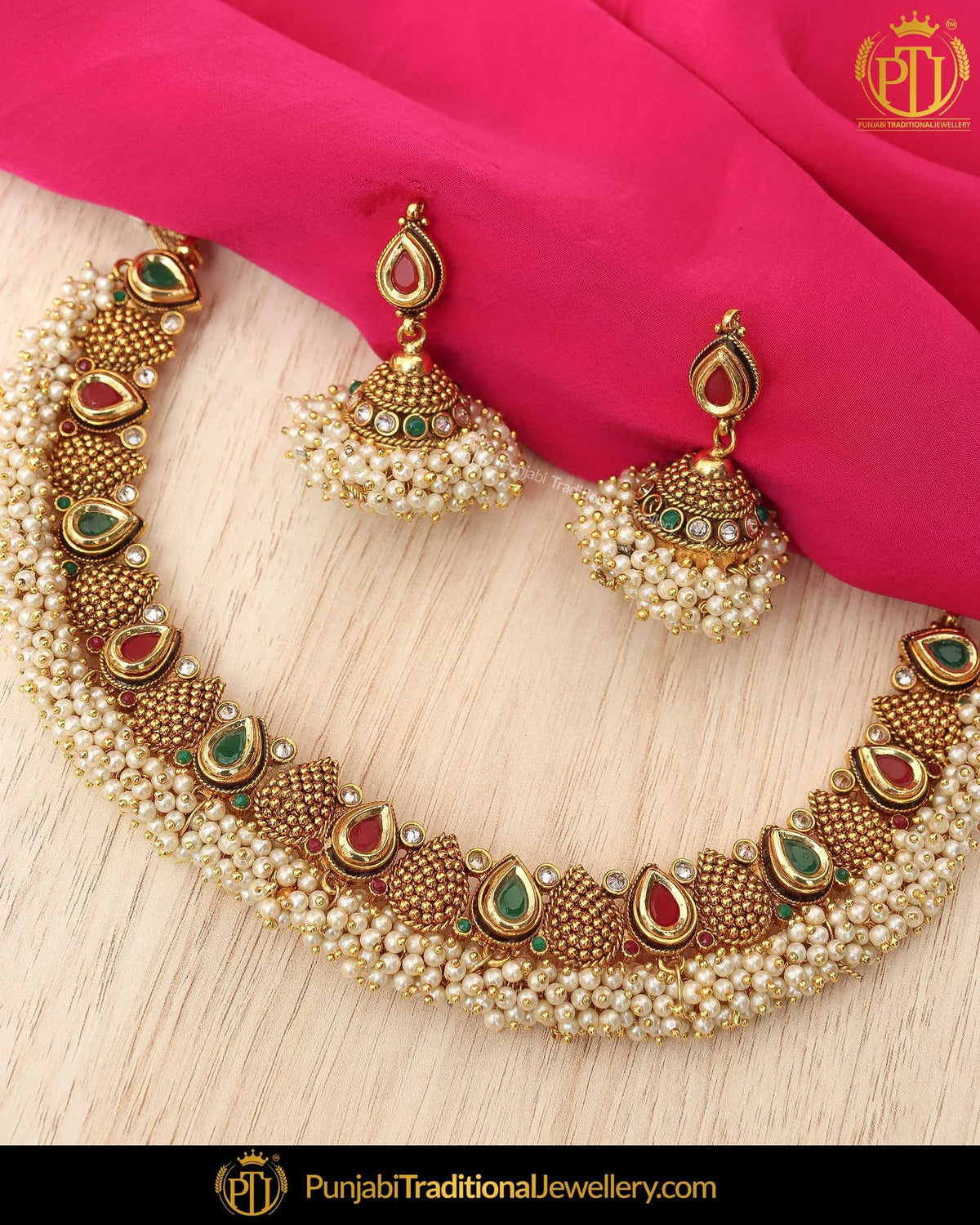 Antique Gold Finished Rubby Emerald Kundan Pearl Necklace Set  | Punjabi Traditional Jewellery Exclusive