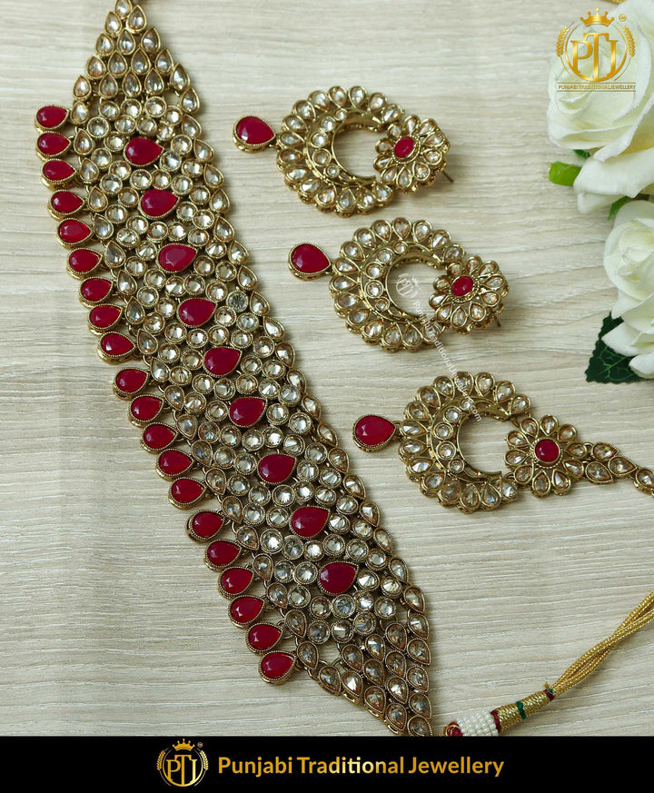 Champagne Stone Red Pearl Choker Necklace Set | Punjabi Traditional Jewellery Exclusive