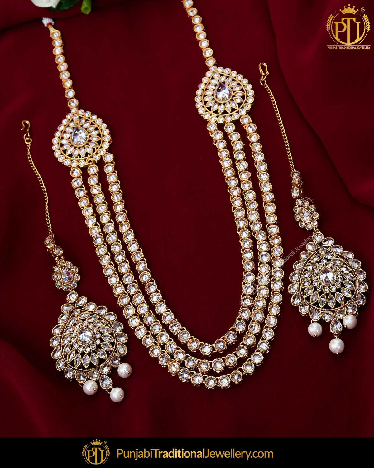 Antique Gold Finished Champagne Stone Long  Set  | Punjabi Traditional Jewellery Exclusive