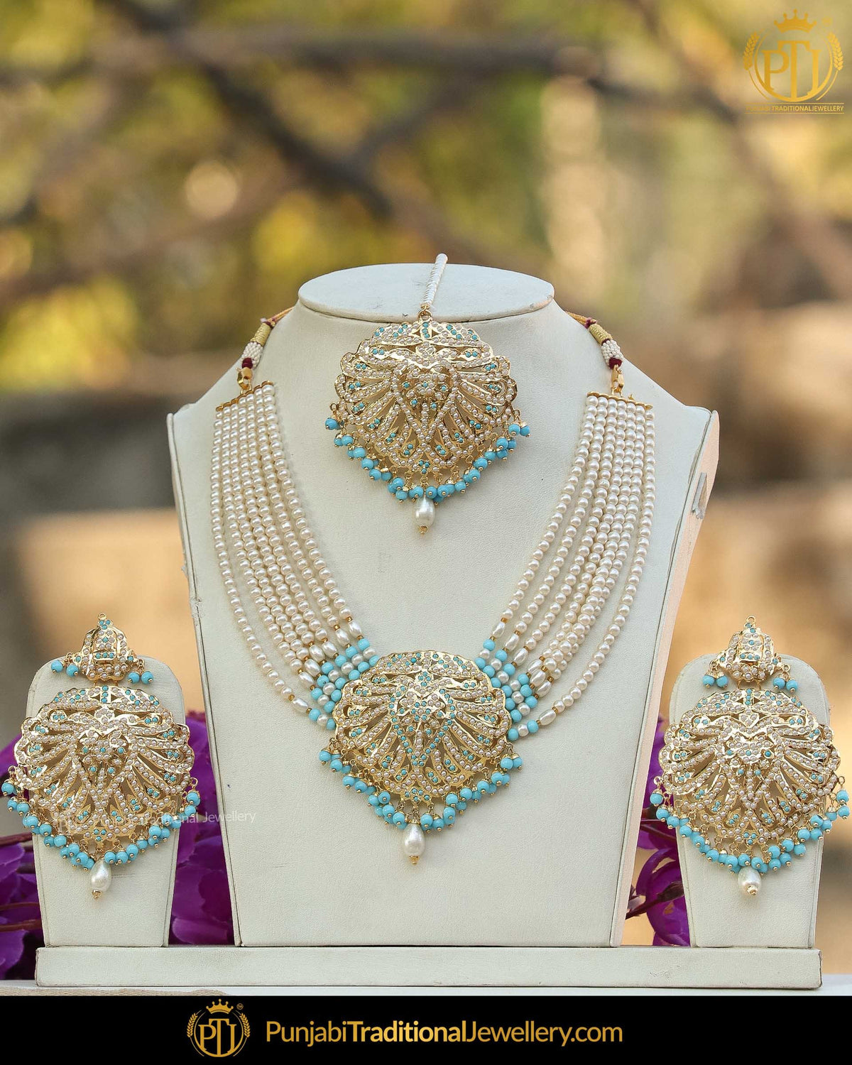 Gold Finished Firozi Pearl Jadau Necklace Set | Punjabi Traditional Jewellery Exclusive