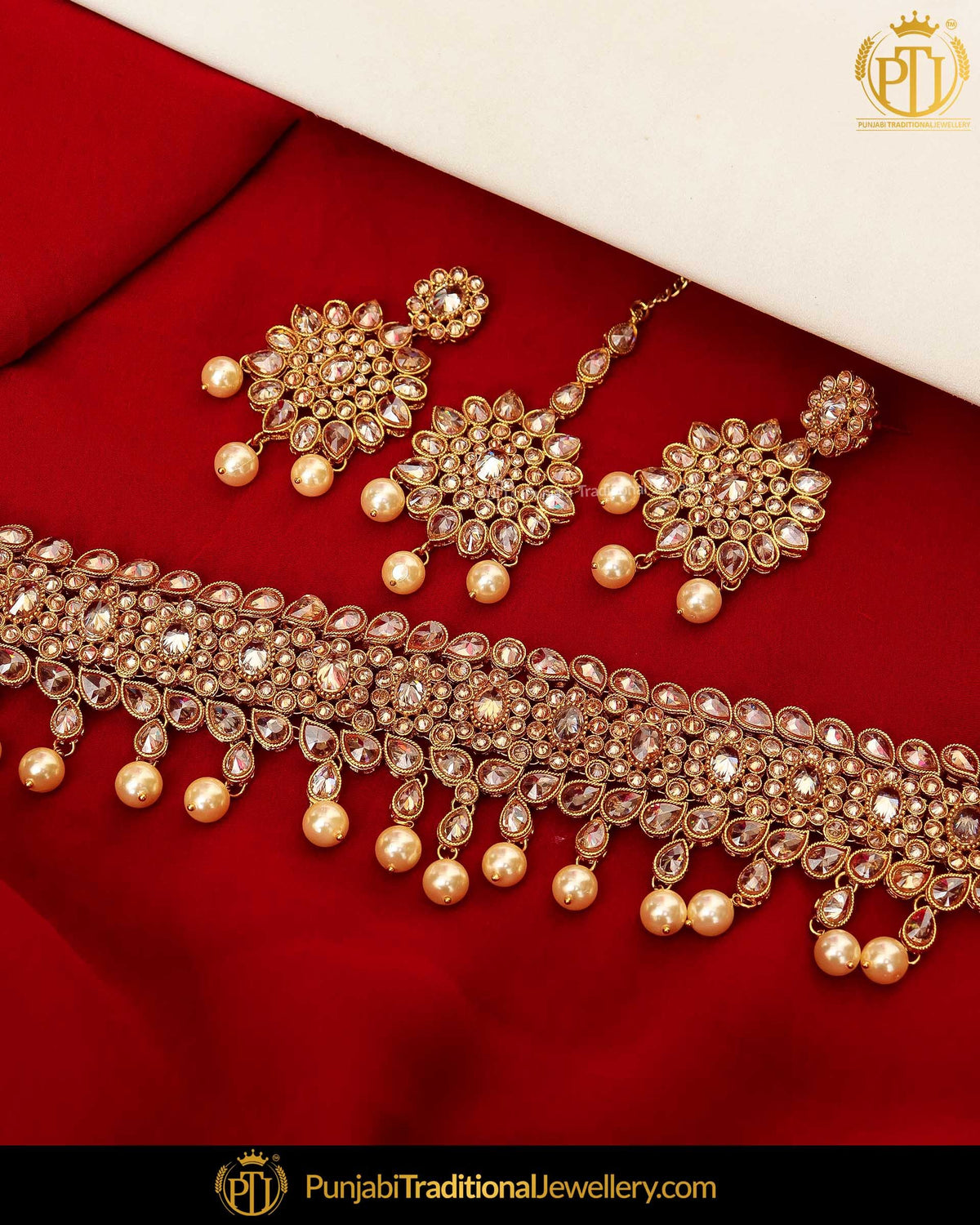 Gold Finished Champagne Stone Pearl Choker Necklace Set  | Punjabi Traditional Jewellery Exclusive