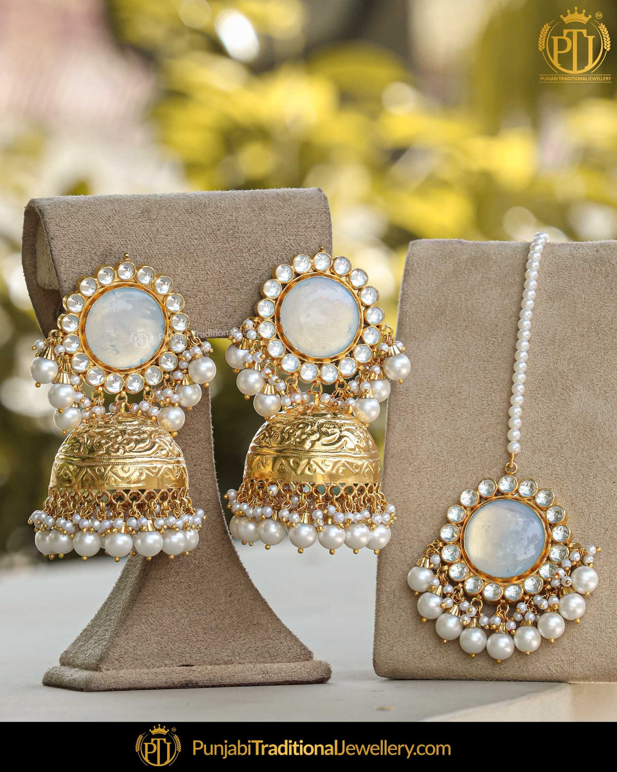 Gold Finished Kundan Pearl Jhumki White Earrings & Tikka  | Punjabi Traditional Jewellery Exclusive
