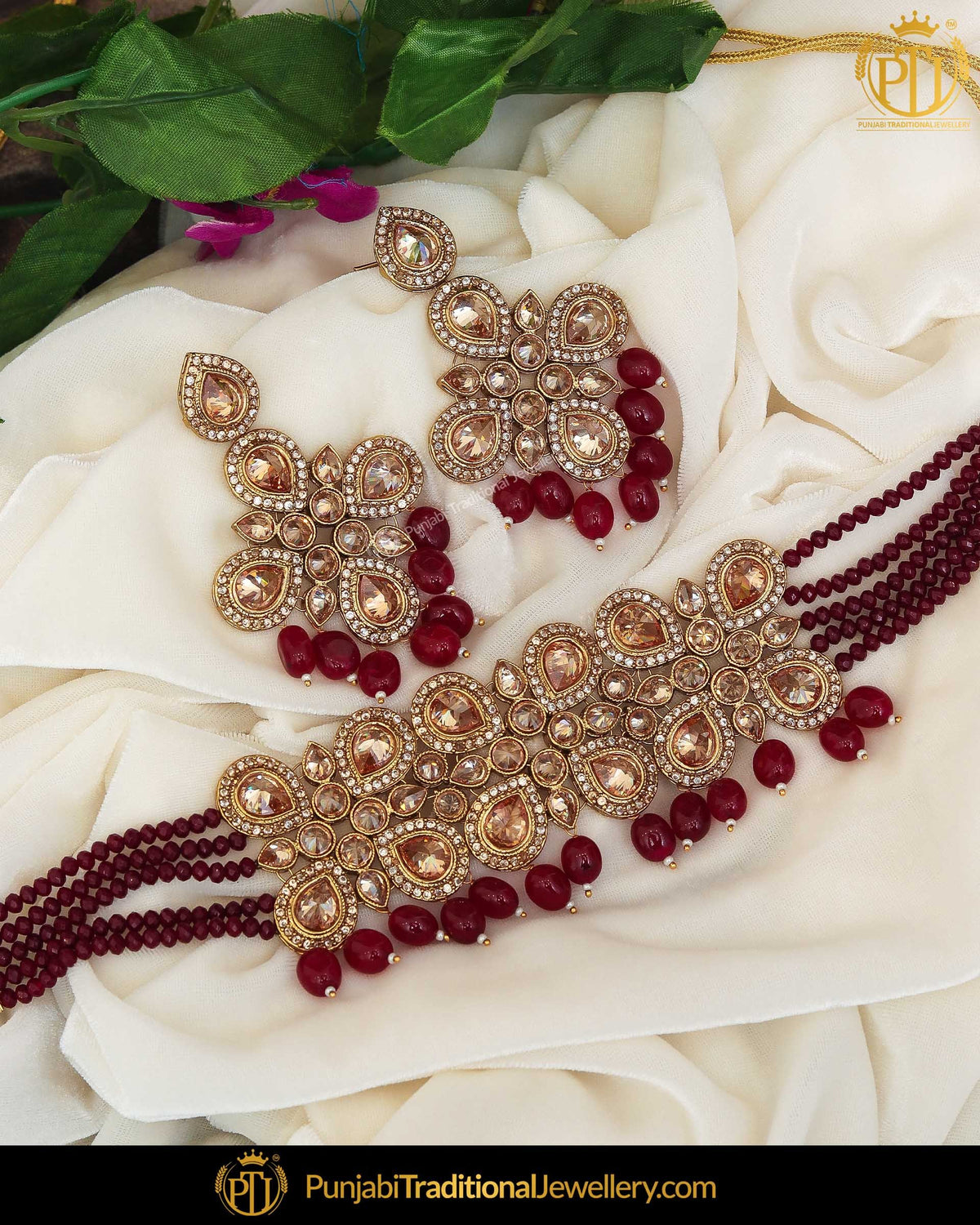 Gold Finished Rubby Reverse American Diamond Stone Choker Necklace Set | Punjabi Traditional Jewellery Exclusive